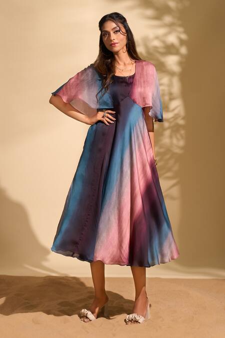 Buy_Whimsical By Shica X AZA_Multi Color Organza, Satin V-neck Stroke Print Dress 
