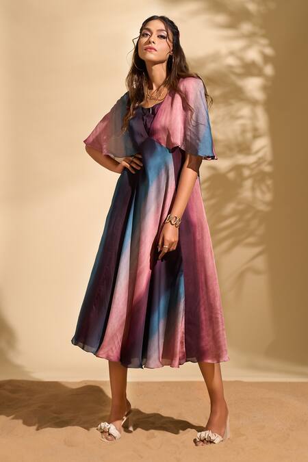Shop_Whimsical By Shica X AZA_Multi Color Organza, Satin V-neck Stroke Print Dress 