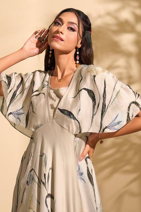 Buy_Whimsical By Shica X AZA_Pink Organza, Satin Pearls V-neck Big Flower Print Dress _Online_at_Aza_Fashions