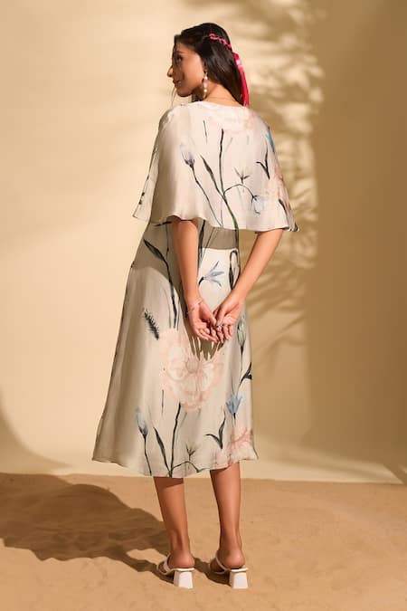 Shop_Whimsical By Shica X AZA_Pink Organza, Satin Pearls V-neck Big Flower Print Dress _Online_at_Aza_Fashions