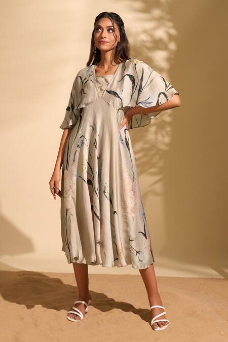 Whimsical By Shica X AZA_Pink Organza, Satin Pearls V-neck Big Flower Print Dress _at_Aza_Fashions