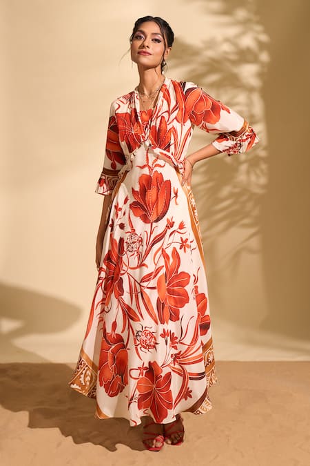 Whimsical By Shica x AZA Red Natural Crepe Printed Botanical Blunt V Neck Dress 