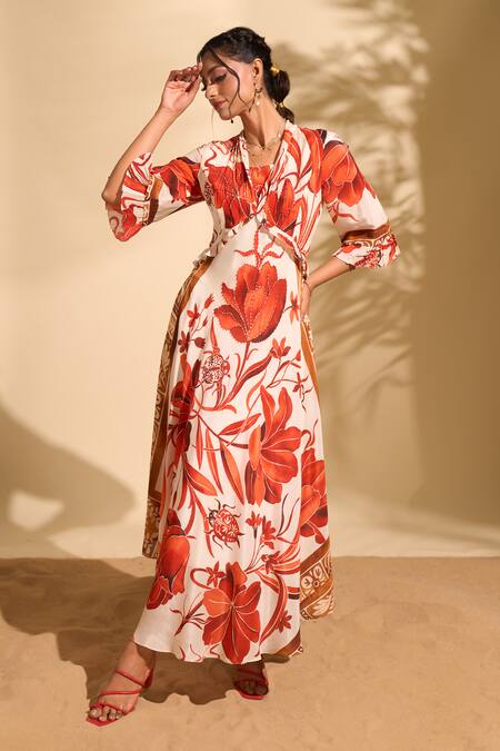 Buy Whimsical By Shica X AZA Red Crepe Beads, Embroidery V-neck Botanical Print Dress Online at Aza Fashions Buy_Whimsical By Shica X AZA_Red Crepe Beads, Embroidery V-neck Botanical Print Dress _Online_at_Aza_Fashions