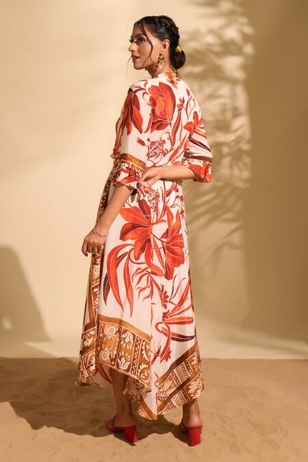 Shop Whimsical By Shica X AZA Red Crepe Beads, Embroidery V-neck Botanical Print Dress Online at Aza Fashions Shop_Whimsical By Shica X AZA_Red Crepe Beads, Embroidery V-neck Botanical Print Dress _Online_at_Aza_Fashions