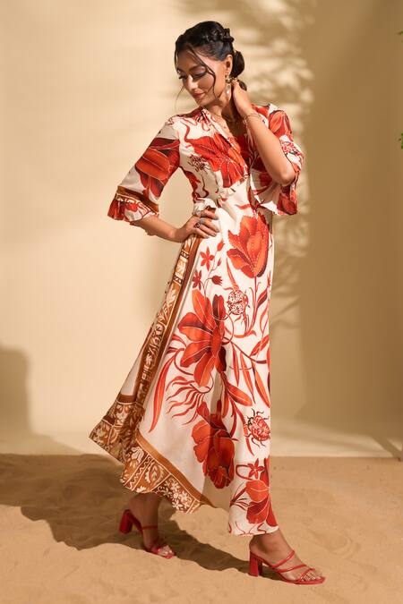 Buy Whimsical By Shica X AZA Red Crepe Beads, Embroidery V-neck Botanical Print Dress Buy_Whimsical By Shica X AZA_Red Crepe Beads, Embroidery V-neck Botanical Print Dress