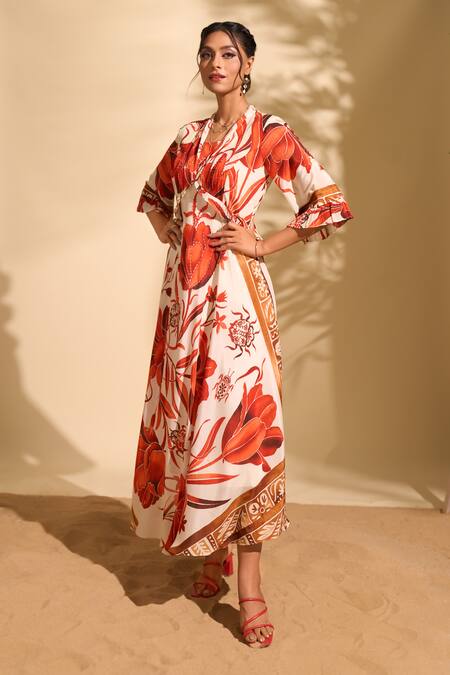 Shop Whimsical By Shica X AZA Red Crepe Beads, Embroidery V-neck Botanical Print Dress Shop_Whimsical By Shica X AZA_Red Crepe Beads, Embroidery V-neck Botanical Print Dress