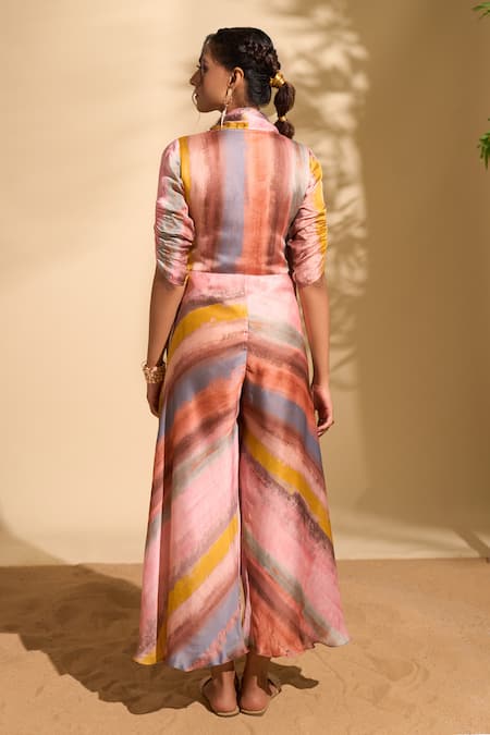 Whimsical By Shica X AZA Pink Organza, Satin V-neck Stroke Print Stole Jumpsuit Online at Aza Fashions Whimsical By Shica X AZA_Pink Organza, Satin V-neck Stroke Print Stole Jumpsuit _Online_at_Aza_Fashions