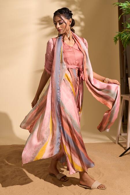 Shop Whimsical By Shica X AZA Pink Organza, Satin V-neck Stroke Print Stole Jumpsuit Online at Aza Fashions Shop_Whimsical By Shica X AZA_Pink Organza, Satin V-neck Stroke Print Stole Jumpsuit _Online_at_Aza_Fashions