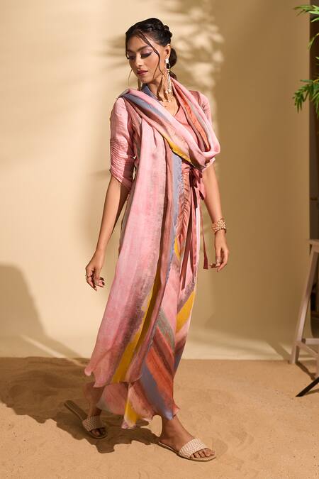 Whimsical By Shica X AZA Pink Organza, Satin V-neck Stroke Print Stole Jumpsuit at Aza Fashions Whimsical By Shica X AZA_Pink Organza, Satin V-neck Stroke Print Stole Jumpsuit _at_Aza_Fashions