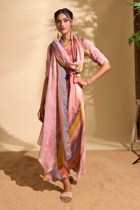 Shop Whimsical By Shica X AZA Pink Organza, Satin V-neck Stroke Print Stole Jumpsuit Shop_Whimsical By Shica X AZA_Pink Organza, Satin V-neck Stroke Print Stole Jumpsuit