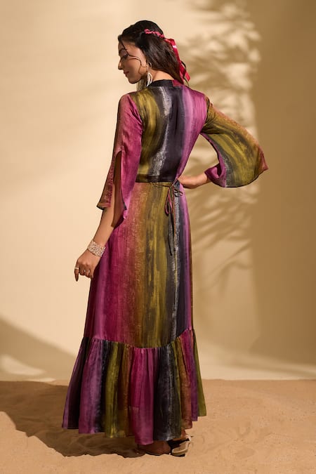Whimsical By Shica X AZA_Multi Color Organza, Satin V-neck Stroke Print Pintuck Dress _Online_at_Aza_Fashions