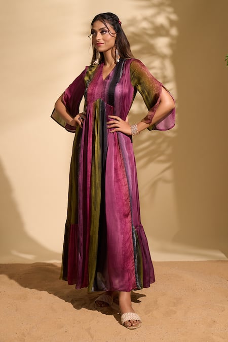 Buy_Whimsical By Shica X AZA_Multi Color Organza, Satin V-neck Stroke Print Pintuck Dress _Online_at_Aza_Fashions
