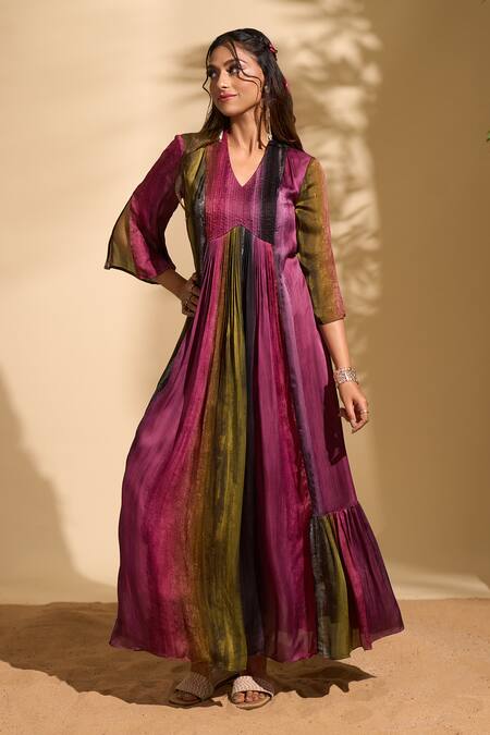 Shop_Whimsical By Shica X AZA_Multi Color Organza, Satin V-neck Stroke Print Pintuck Dress _Online_at_Aza_Fashions