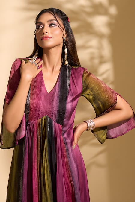 Buy_Whimsical By Shica X AZA_Multi Color Organza, Satin V-neck Stroke Print Pintuck Dress 