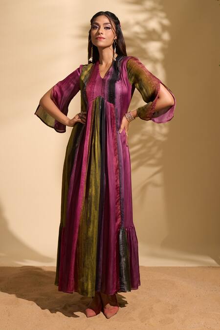 Shop_Whimsical By Shica X AZA_Multi Color Organza, Satin V-neck Stroke Print Pintuck Dress 
