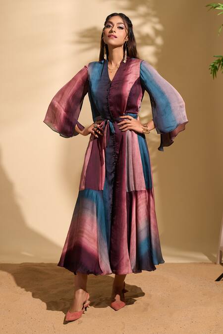 Buy Whimsical By Shica X AZA Pink Organza, Satin V-neck Stroke Print Tiered Dress Online at Aza Fashions Buy_Whimsical By Shica X AZA_Pink Organza, Satin V-neck Stroke Print Tiered Dress _Online_at_Aza_Fashions