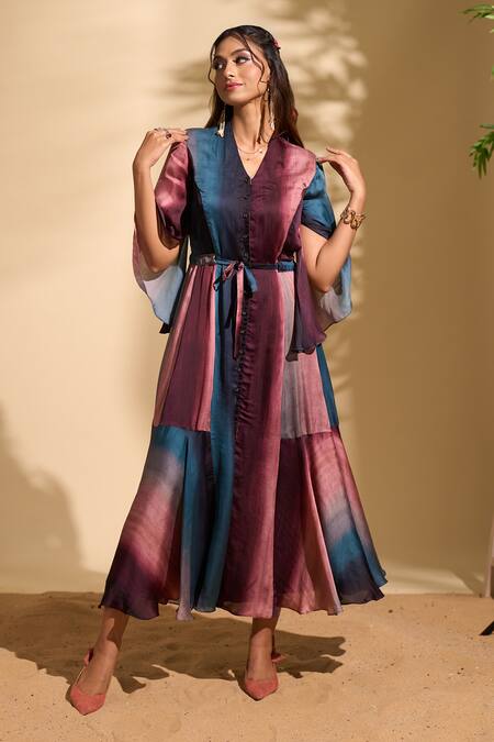 Shop Whimsical By Shica X AZA Pink Organza, Satin V-neck Stroke Print Tiered Dress Online at Aza Fashions Shop_Whimsical By Shica X AZA_Pink Organza, Satin V-neck Stroke Print Tiered Dress _Online_at_Aza_Fashions