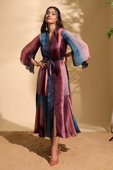 Whimsical By Shica X AZA Pink Organza, Satin V-neck Stroke Print Tiered Dress at Aza Fashions Whimsical By Shica X AZA_Pink Organza, Satin V-neck Stroke Print Tiered Dress _at_Aza_Fashions