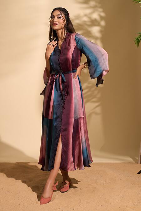 Buy Whimsical By Shica X AZA Pink Organza, Satin V-neck Stroke Print Tiered Dress Buy_Whimsical By Shica X AZA_Pink Organza, Satin V-neck Stroke Print Tiered Dress