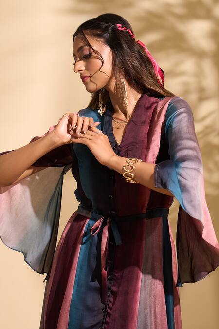 Shop Whimsical By Shica X AZA Pink Organza, Satin V-neck Stroke Print Tiered Dress Shop_Whimsical By Shica X AZA_Pink Organza, Satin V-neck Stroke Print Tiered Dress