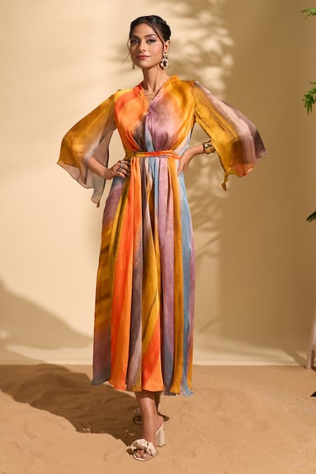 Shop_Whimsical By Shica X AZA_Yellow Organza, Satin V-neck Stroke Stripe Print Dress _Online_at_Aza_Fashions