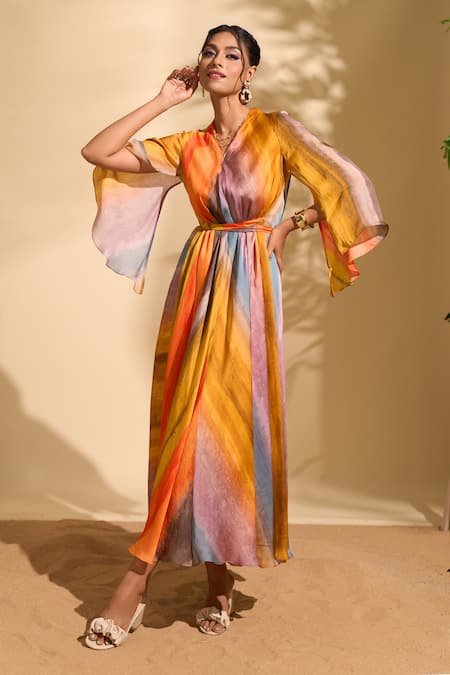 Whimsical By Shica X AZA_Yellow Organza, Satin V-neck Stroke Stripe Print Dress _at_Aza_Fashions