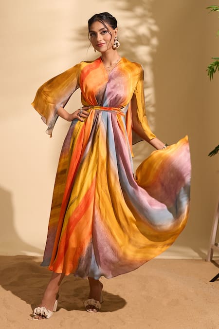 Buy_Whimsical By Shica X AZA_Yellow Organza, Satin V-neck Stroke Stripe Print Dress 