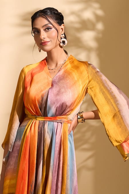 Shop_Whimsical By Shica X AZA_Yellow Organza, Satin V-neck Stroke Stripe Print Dress 