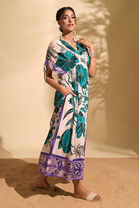 Shop_Whimsical By Shica X AZA_Green Crepe Beads, Embroidery V-neck Florette Print Pleated Dress _Online_at_Aza_Fashions