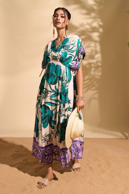 Whimsical By Shica X AZA_Green Crepe Beads, Embroidery V-neck Florette Print Pleated Dress _at_Aza_Fashions