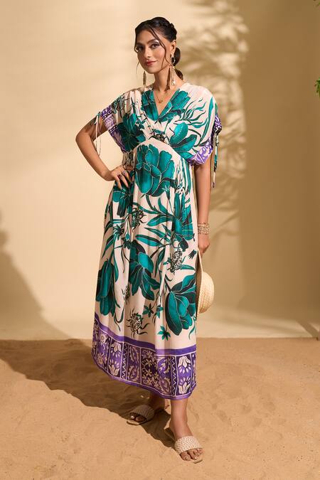 Buy_Whimsical By Shica X AZA_Green Crepe Beads, Embroidery V-neck Florette Print Pleated Dress 