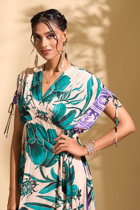 Shop_Whimsical By Shica X AZA_Green Crepe Beads, Embroidery V-neck Florette Print Pleated Dress 