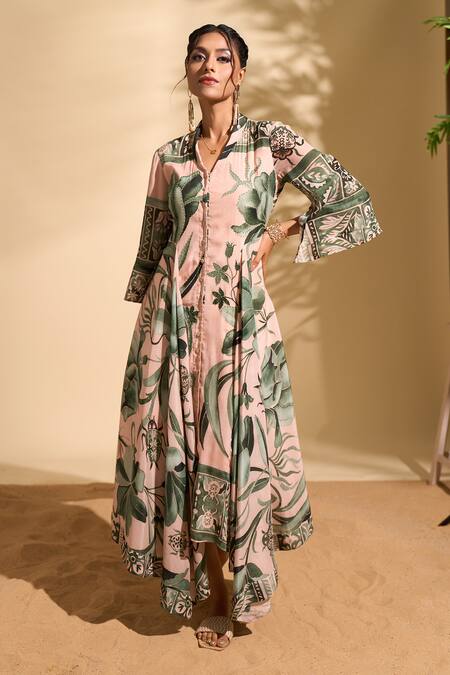 Buy_Whimsical By Shica X AZA_Pink Crepe Beads Collared Botanical Print Shirt Dress _Online_at_Aza_Fashions