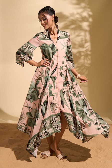 Whimsical By Shica X AZA_Pink Crepe Beads Collared Botanical Print Shirt Dress _at_Aza_Fashions