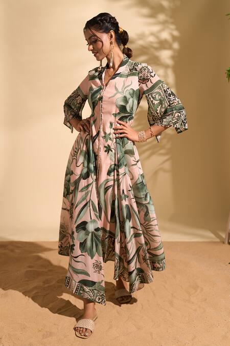 Buy_Whimsical By Shica X AZA_Pink Crepe Beads Collared Botanical Print Shirt Dress 