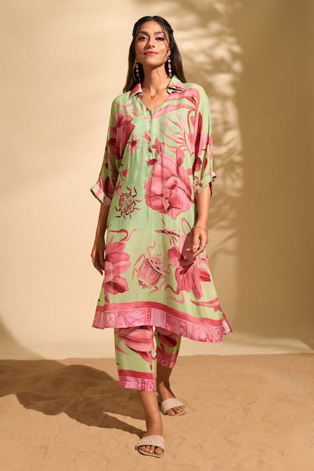 Buy_Whimsical By Shica X AZA_Green Crepe Embroidery, Beads Collared Floral Print Kurta And Pant Set _Online_at_Aza_Fashions