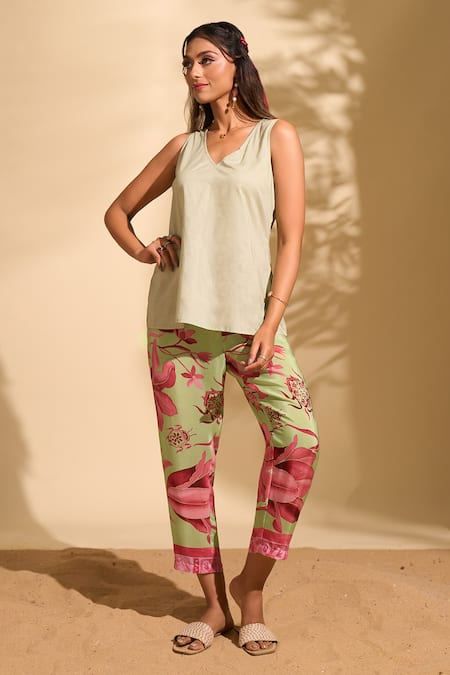 Whimsical By Shica X AZA_Green Crepe Embroidery, Beads Collared Floral Print Kurta And Pant Set _at_Aza_Fashions