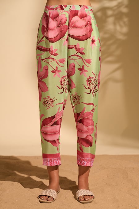 Buy_Whimsical By Shica X AZA_Green Crepe Embroidery, Beads Collared Floral Print Kurta And Pant Set 