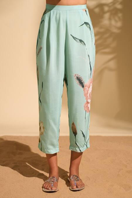 Buy_Whimsical By Shica X AZA_Blue Modal, Satin Beads, Embroidery Collared Flower Print Kurta And Pant Set _Online_at_Aza_Fashions