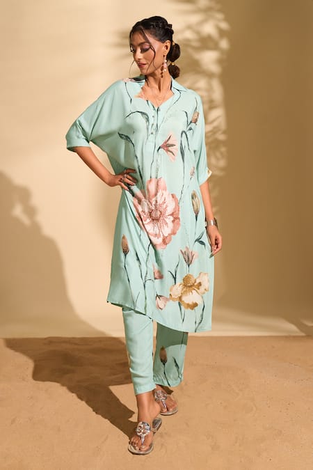 Shop_Whimsical By Shica X AZA_Blue Modal, Satin Beads, Embroidery Collared Flower Print Kurta And Pant Set _Online_at_Aza_Fashions