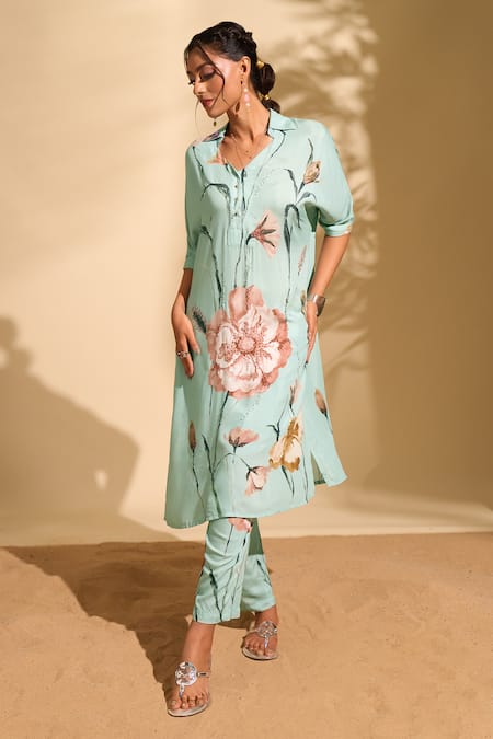 Whimsical By Shica X AZA_Blue Modal, Satin Beads, Embroidery Collared Flower Print Kurta And Pant Set _at_Aza_Fashions