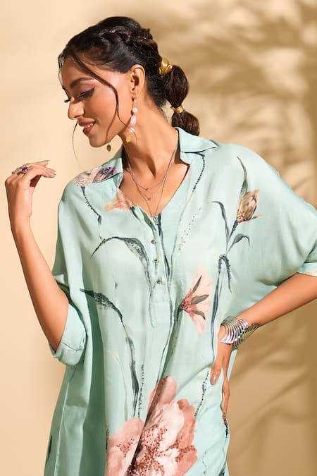 Buy_Whimsical By Shica X AZA_Blue Modal, Satin Beads, Embroidery Collared Flower Print Kurta And Pant Set 