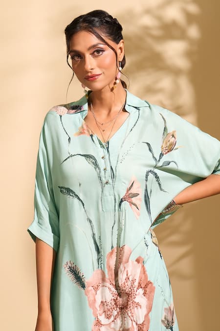 Shop_Whimsical By Shica X AZA_Blue Modal, Satin Beads, Embroidery Collared Flower Print Kurta And Pant Set 