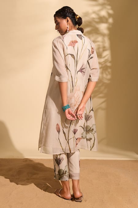 Buy_Whimsical By Shica X AZA_White Handloom Cotton Beads, Embroidery Big Flower Print Kurta And Pant Set _Online_at_Aza_Fashions