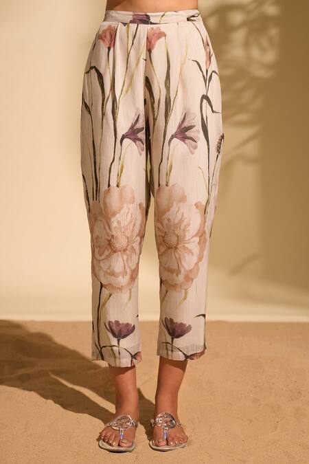 Shop_Whimsical By Shica X AZA_White Handloom Cotton Beads, Embroidery Big Flower Print Kurta And Pant Set _Online_at_Aza_Fashions