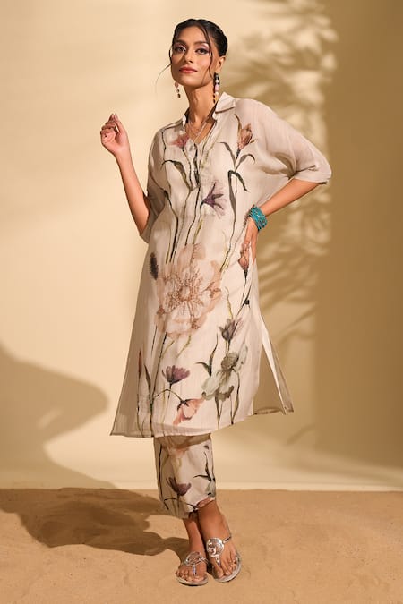 Whimsical By Shica X AZA_White Handloom Cotton Beads, Embroidery Big Flower Print Kurta And Pant Set _at_Aza_Fashions