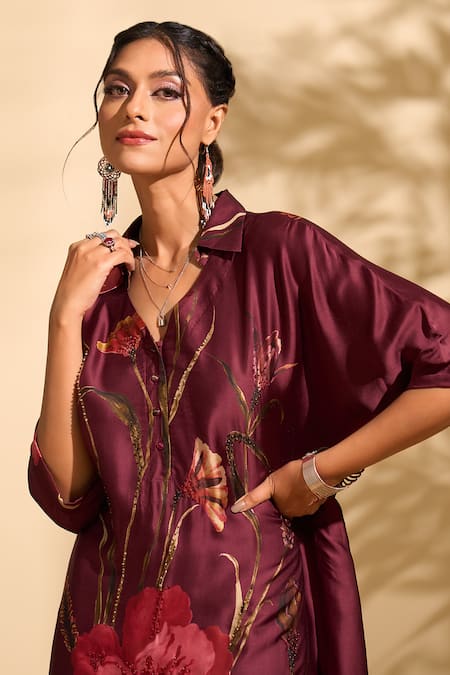 Buy Whimsical By Shica X AZA Maroon Handloom Cotton Beads Collared Big Floral Print Kurta And Pant Set Online at Aza Fashions Buy_Whimsical By Shica X AZA_Maroon Handloom Cotton Beads Collared Big Floral Print Kurta And Pant Set _Online_at_Aza_Fashions