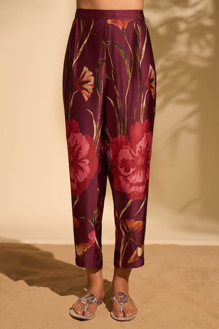 Shop Whimsical By Shica X AZA Maroon Handloom Cotton Beads Collared Big Floral Print Kurta And Pant Set Online at Aza Fashions Shop_Whimsical By Shica X AZA_Maroon Handloom Cotton Beads Collared Big Floral Print Kurta And Pant Set _Online_at_Aza_Fashions