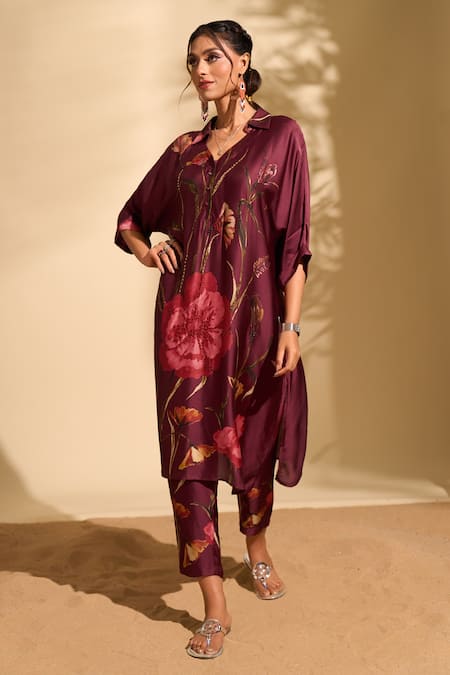 Whimsical By Shica X AZA Maroon Handloom Cotton Beads Collared Big Floral Print Kurta And Pant Set at Aza Fashions Whimsical By Shica X AZA_Maroon Handloom Cotton Beads Collared Big Floral Print Kurta And Pant Set _at_Aza_Fashions