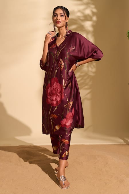 Buy Whimsical By Shica X AZA Maroon Handloom Cotton Beads Collared Big Floral Print Kurta And Pant Set Buy_Whimsical By Shica X AZA_Maroon Handloom Cotton Beads Collared Big Floral Print Kurta And Pant Set